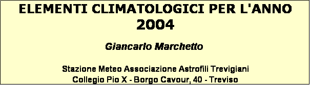Casella di testo: ELEMENTI CLIMATOLOGICI PER L'ANNO 2004

Giancarlo Marchetto

Stazione Meteo Associazione Astrofili Trevigiani
Collegio Pio X - Borgo Cavour, 40 - Treviso