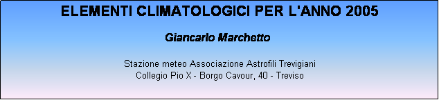 Casella di testo: ELEMENTI CLIMATOLOGICI PER L'ANNO 2005

Giancarlo Marchetto

Stazione meteo Associazione Astrofili Trevigiani
Collegio Pio X - Borgo Cavour, 40 - Treviso