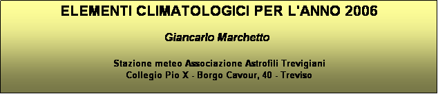 Casella di testo: ELEMENTI CLIMATOLOGICI PER L'ANNO 2006

Giancarlo Marchetto

Stazione meteo Associazione Astrofili Trevigiani
Collegio Pio X - Borgo Cavour, 40 - Treviso